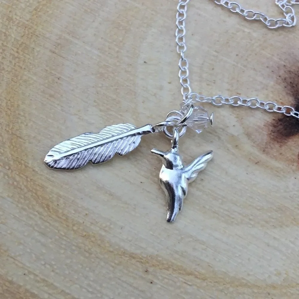 Girls Swarovski Feather & Bird Sterling Silver Charm Necklace